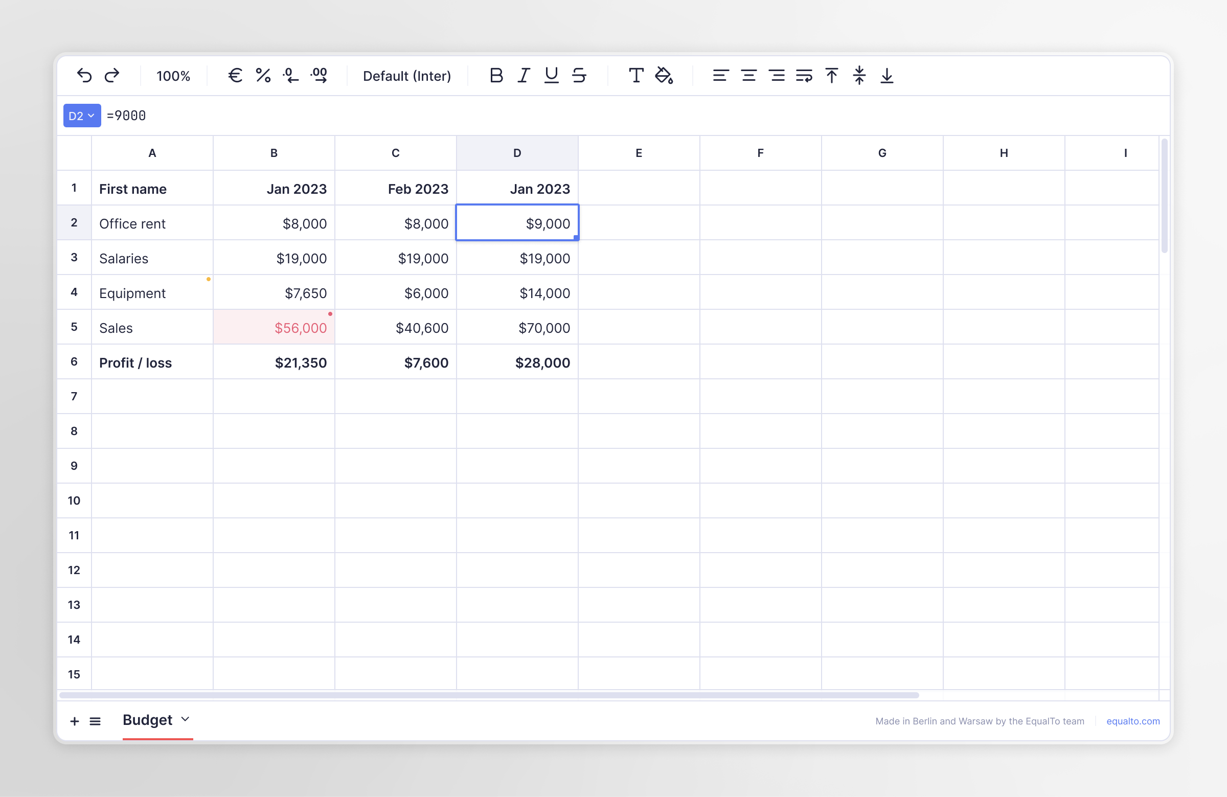 EqualTo Sheets' spreadsheet UI